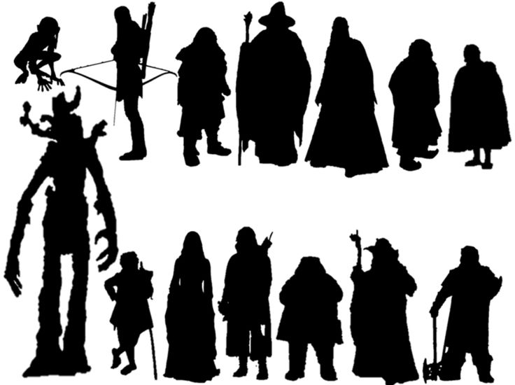 silhouettes of people dressed in halloween costumes, including an old man with a hat and cane