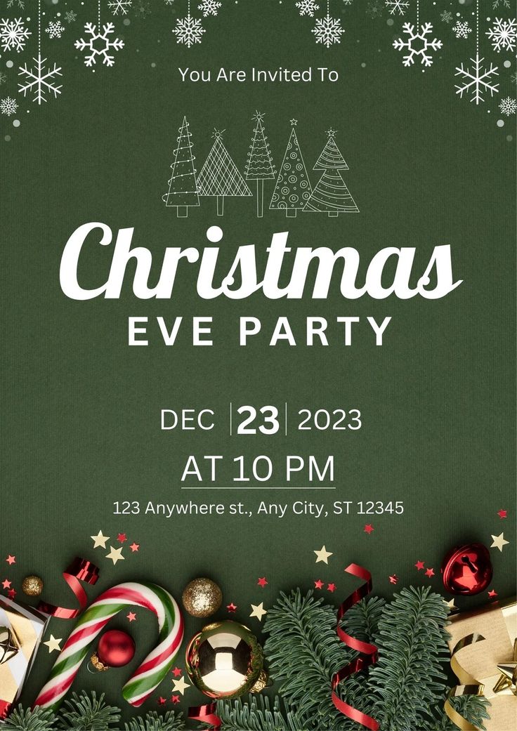 a christmas party flyer with presents and candy canes