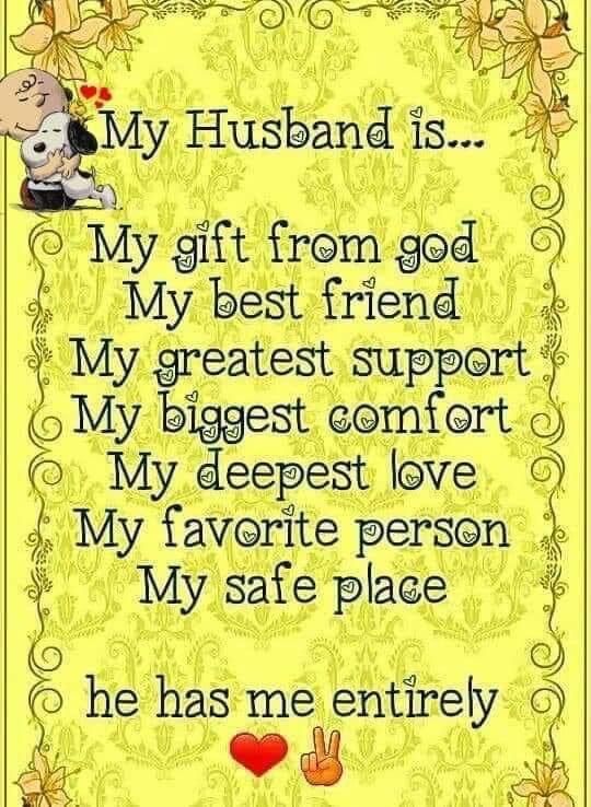 a yellow card with the words, my husband is my gift from god my best friend my greatest support my biggest comfort my deepest love my favorite person my favorite person my safe place