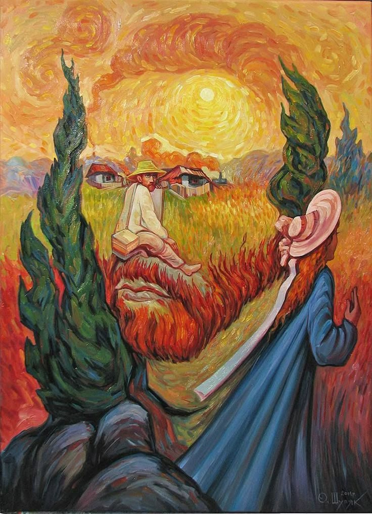 a painting of a man with a red beard and blue dress is shown in front of an orange sky