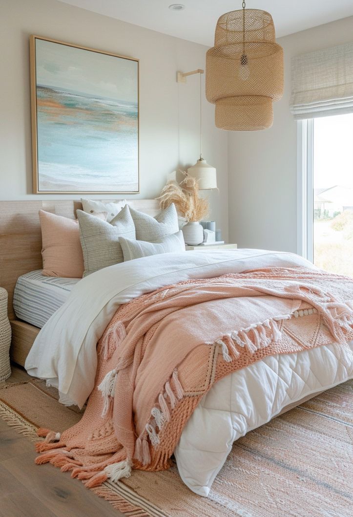 a bedroom with a large bed covered in blankets and pillows