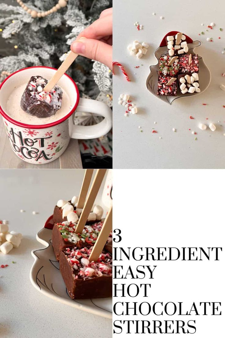 three different shots of hot chocolate with marshmallows and candy canes in them