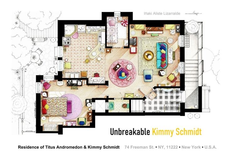 the floor plan for an apartment with furniture and kitchen areas in it, including couches,