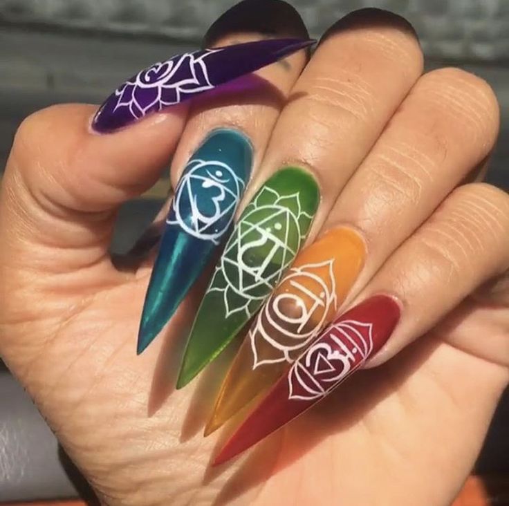 Chakra Nails, Boho Nails, Clear Acrylic Nails, Witchy Nails, Hippie Nails, Rainbow Nails, Fire Nails, Funky Nails, Dope Nails