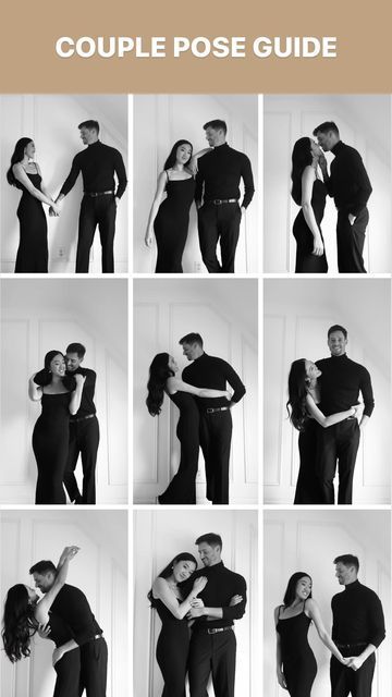 a couple posing for pictures together in black and white, with the words couples pose guide