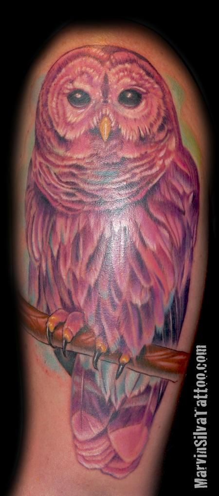 an owl tattoo on the arm with a branch in front of it and one eye open