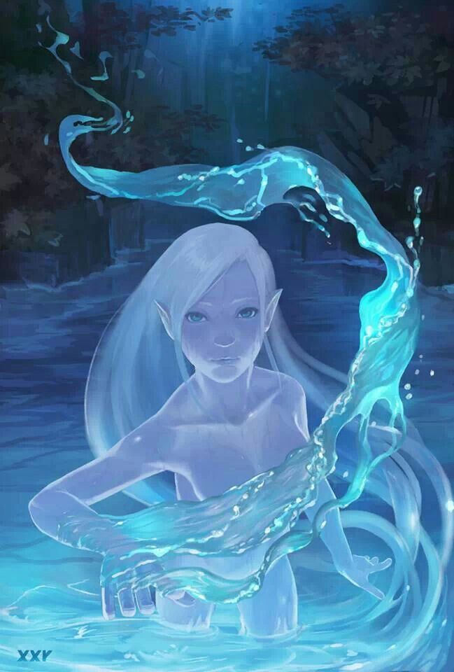 a woman with white hair and blue eyes is sitting in the water, surrounded by bubbles