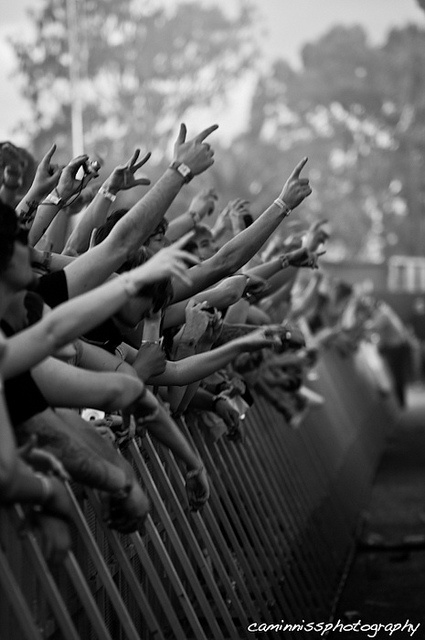 a group of people reaching their hands out over the top of a fence to greet them