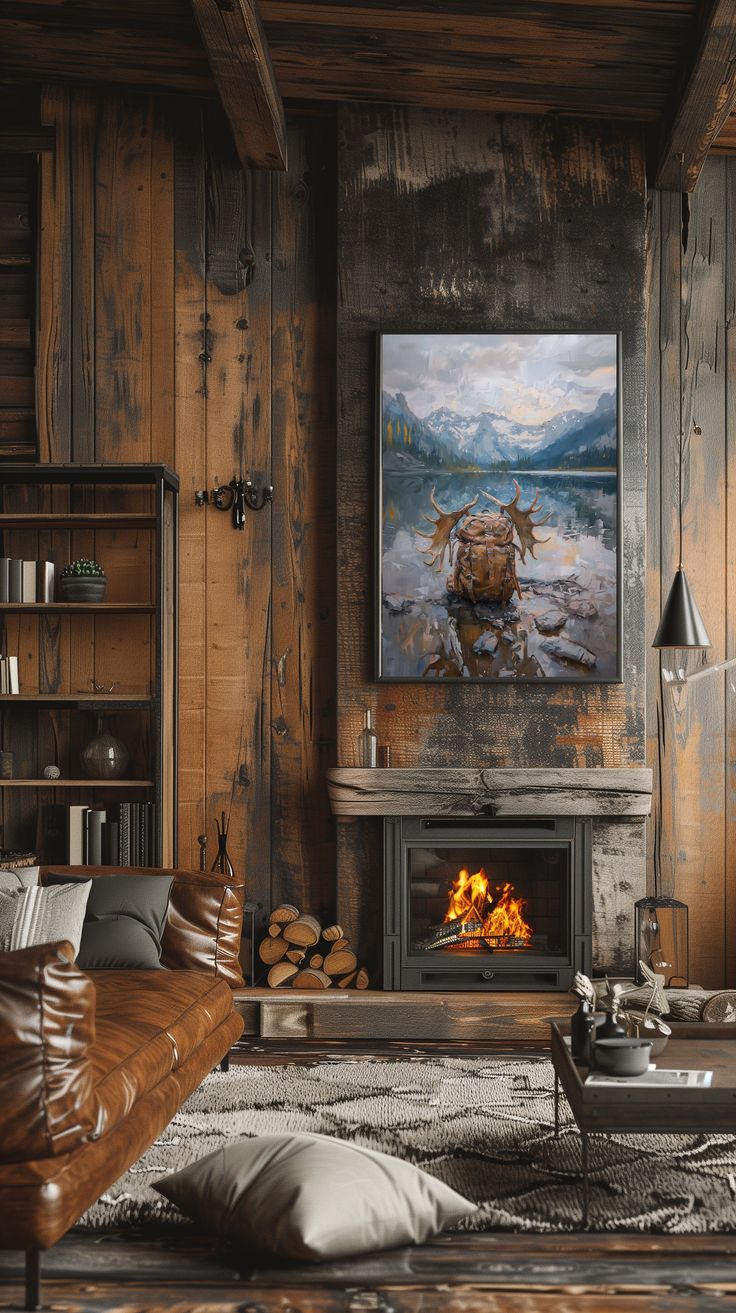 a living room with wood paneling and a painting hanging on the wall next to a fire place