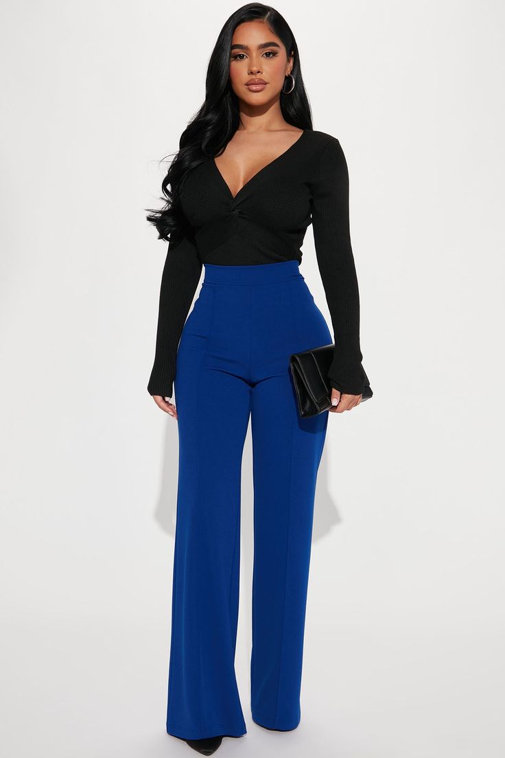 Available In Royal. Petite: 32" Inseam High Rise Pintuck Front Hidden Back Zipper Stretch 95% Polyester 5% Spandex Imported | Petite Victoria High Waisted Dress Pants in Royal size Small by Fashion Nova Black And Blue Outfit Women, Outfits With Royal Blue Pants, Royal Blue Tshirt Women Outfit, Royal Blue Dress Pants Outfit, Black And Royal Blue Outfit, Royal Blue And Black Outfit, Royal Blue Outfit Ideas Black Women, Blue Trouser Outfit Women, Royal Blue Pants Outfit Work