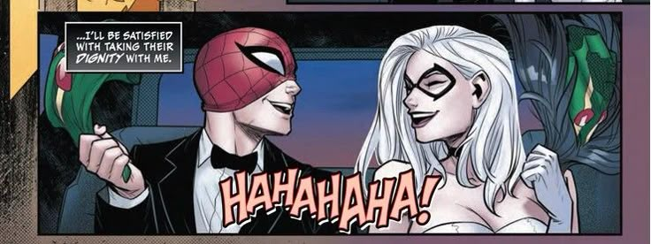 a man and woman dressed up as spider - man and the girl with white hair are talking to each other