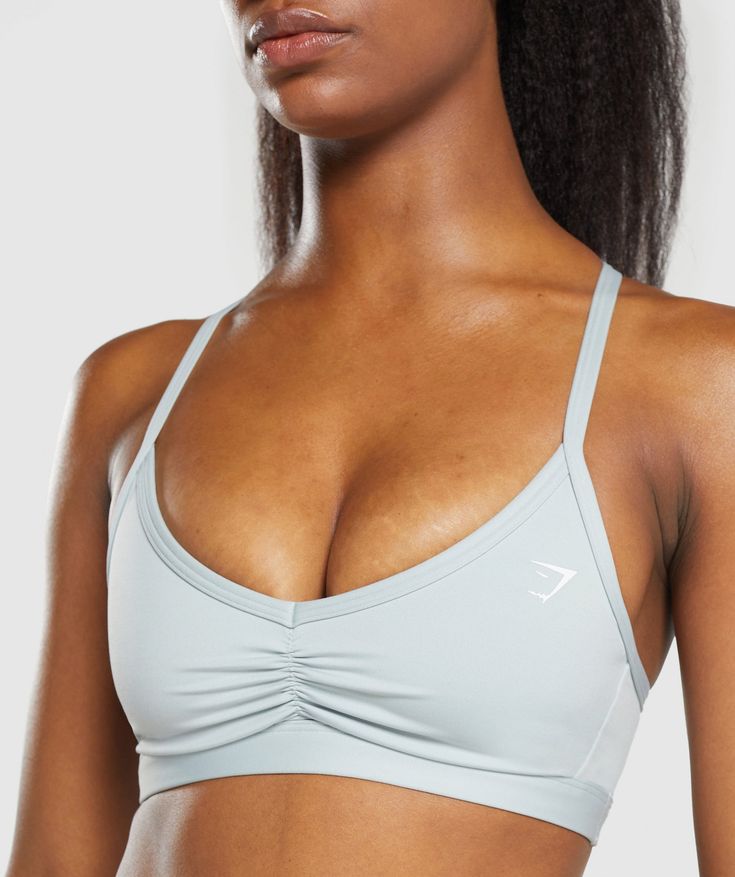 Gymshark Ruched Strappy Sports Bra - Cool Blue Gymshark Ruched, Gym Shark Bra, Blue Compressive Sports Bra For Gym, Casual Compressive Blue Sports Bra, Gymshark Bra, Fitted Blue Sports Bra With Built-in Bra, Sports Bras Gymshark, Gymshark Ruched Sports Bra, Gym Shark