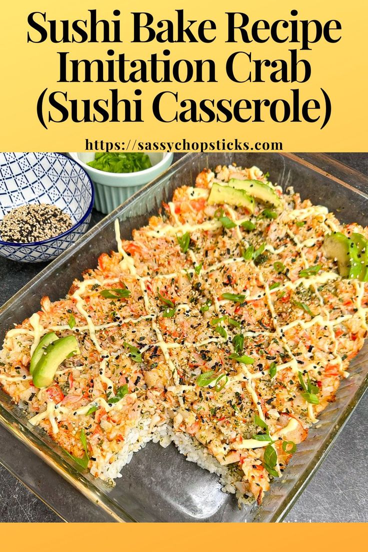 This sushi bake recipe with imitation crab is a fusion of traditional sushi flavors baked into a casserole-style dish. Recipes With Immitation Crab, Sushi Rice Bake Recipe, Imitated Crab Recipes With Rice, Baked Sushi Rice Recipe Crab, Tuna And Crab Sushi Bake, Sushi Bake Chicken, Crab Noodles Recipe, Sushi Bake Recipe Easy Crab And Salmon, Shrimp Tempura Sushi Bake