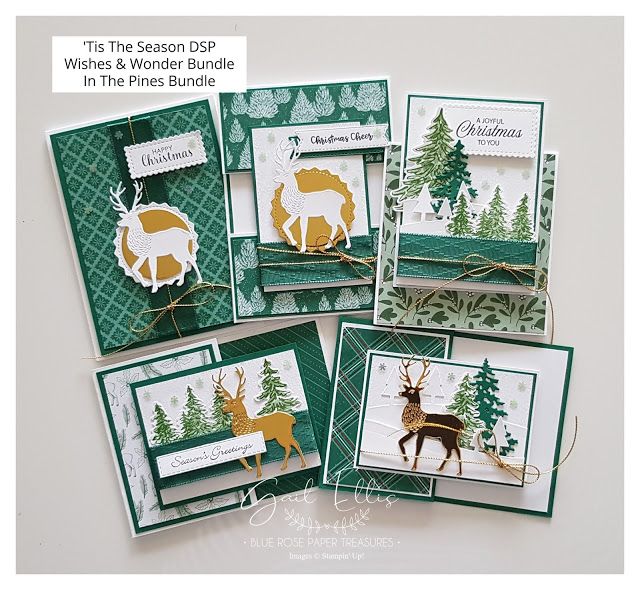 four cards with deer and pine trees on them, all in different colors to match the season's greetings