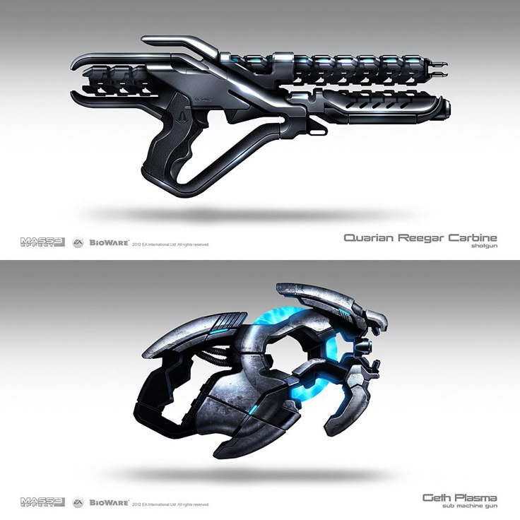 Weapon Concepts – Mass Effect 3    Brian Sum. These guns in particular have a very unique and cool design. The one below is small compact and seems to be a handgun, the thing that tells us this is the size of the grip itself. The top one shows no neon lights but the unique cylinder that runs through it defines it as sci-fi.   (Videogame-art.2012) Brian Sum, Videogame Art, Mass Effect 3, Tactical Gear Loadout, Prop Design, Futuristic Technology, Space Opera, Mass Effect, Video Game Art