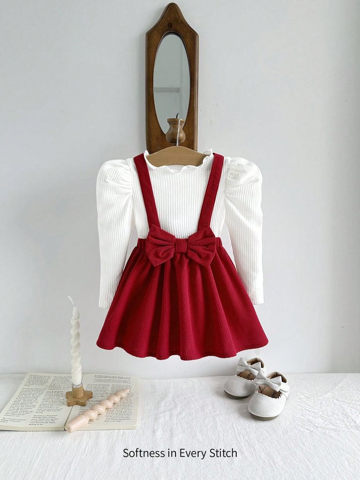 2pcs Baby Girl Knitted Ruffled Bell Sleeve Top & Bow Detail Suspender Skirt Dress Set, For Christmas Multicolor   Long Sleeve Knitted Fabric Plain  Medium Stretch  Baby Girls Clothing, size features are:Bust: ,Length: ,Sleeve Length: