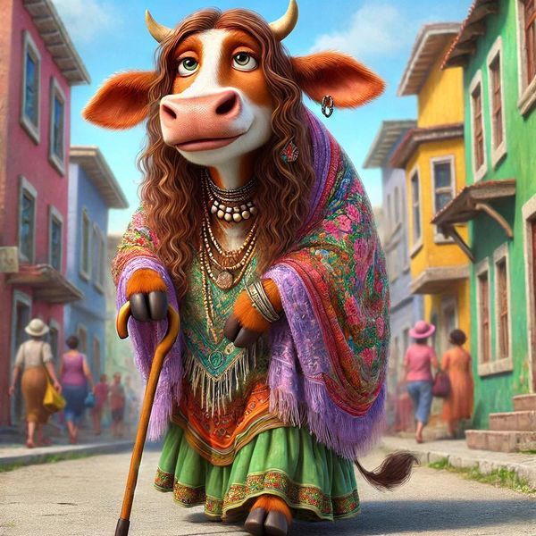 a cartoon cow with long hair wearing a colorful dress and holding a stick in the street