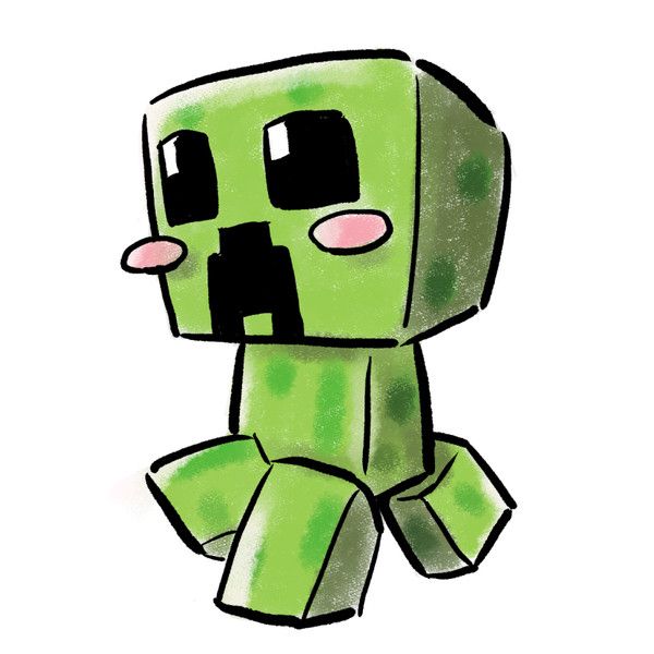 a drawing of a green creeper with black eyes and pink nose, sitting in front of a white background