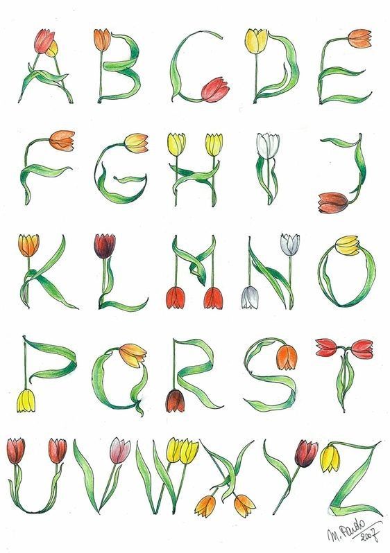 the letters are drawn with colored pencils and have tulips growing out of them