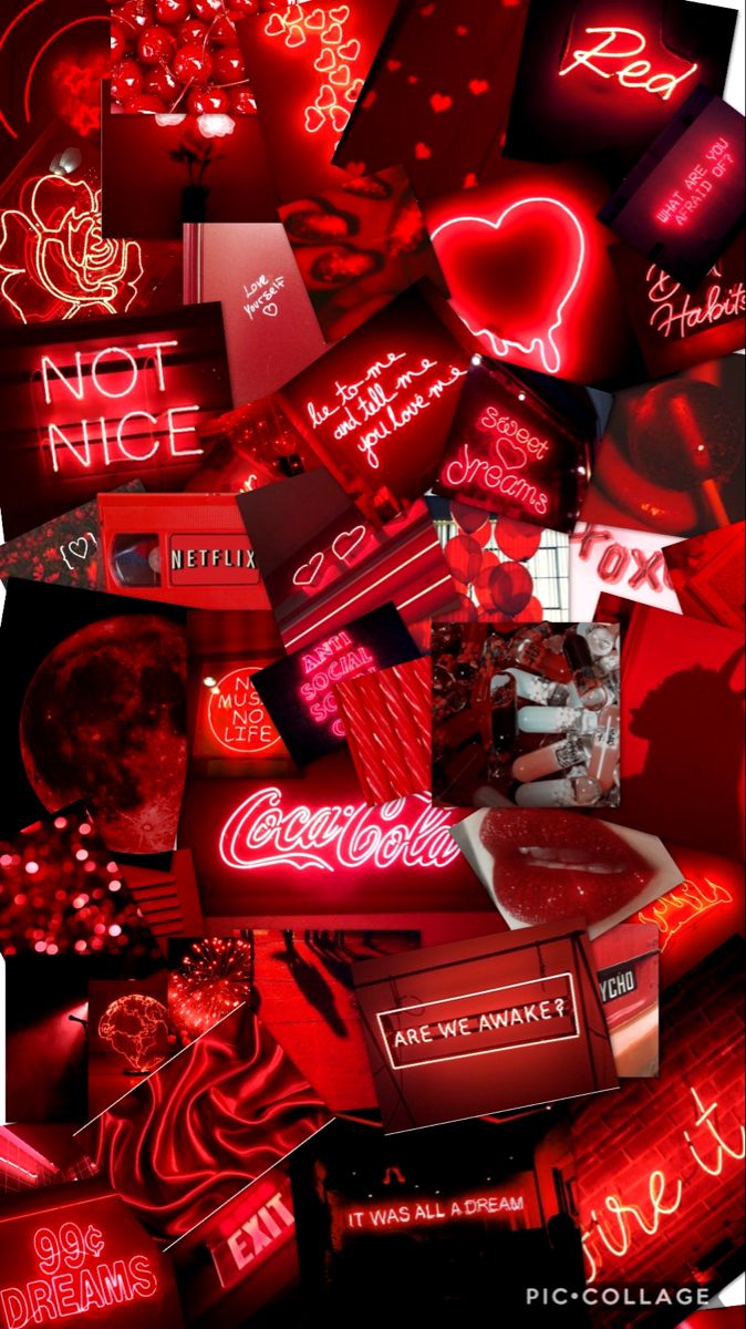 red neon lights and coca cola signs are all over the place in this collage