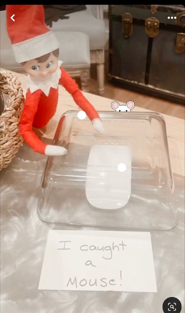 an elf with a mouse on top of a table next to a sign that says i caught a mouse