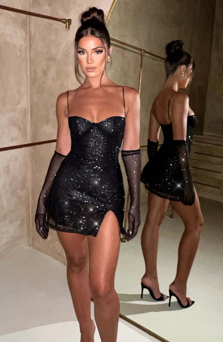 Pixie Mini Dress - Black Sparkle – Babyboo Fashion Glitter Dress Short, Catriona Gray, Libra Birthday, Dream Wishlist, Highest Heels, Golden Wallpaper, Dress With Gloves, Sparkle Mini Dress, Sparkly Mini Dress