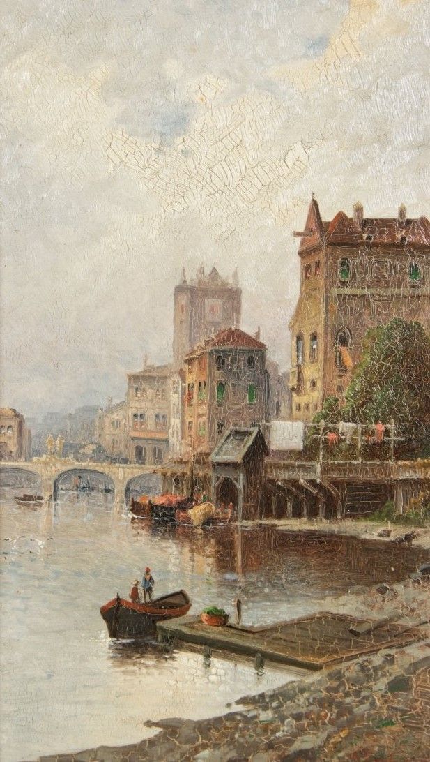 a painting of a river scene with boats and people on the water in front of buildings