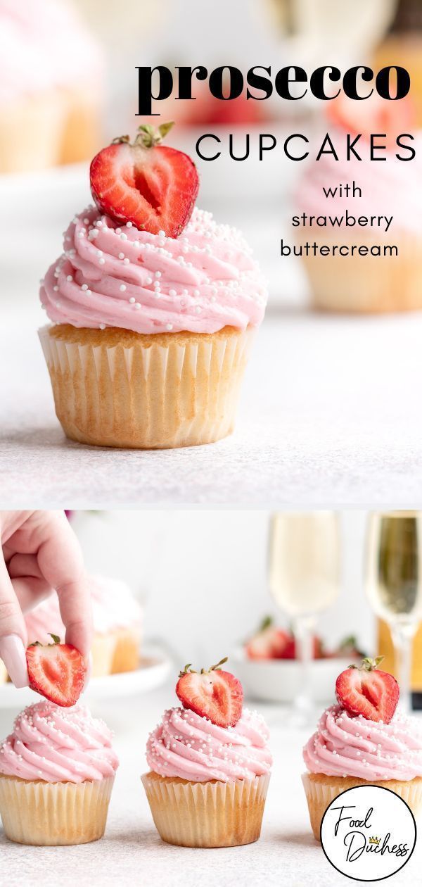 strawberry cupcakes with pink frosting and fresh strawberries on top are shown