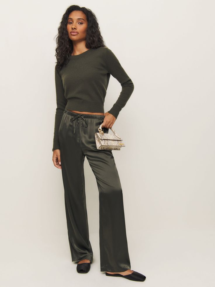 New silky. Shop the Olina Silk Pant from Reformation, a pant that is fitted in the waist with a relaxed fitting leg. Fall Viscose Wide-leg Pants, Fall Wide-leg Viscose Pants, Chic Viscose Wide Leg Pants For Fall, Casual Silk Wide Leg Loungewear Pants, Casual Silk Straight Leg Pants, High-waisted Viscose Pants For Fall, Fall High-waisted Viscose Pants, Chic Silk Pants With Relaxed Fit, Casual Silk Bottoms For Workwear