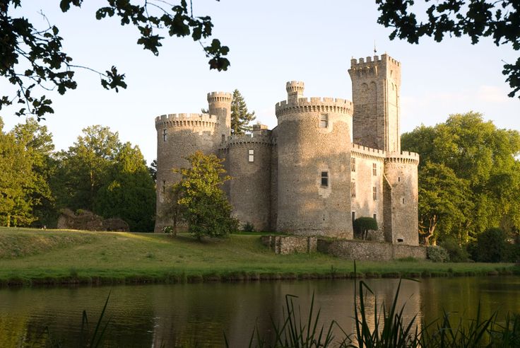 an old castle sitting on top of a lush green field next to a lake in front of a forest