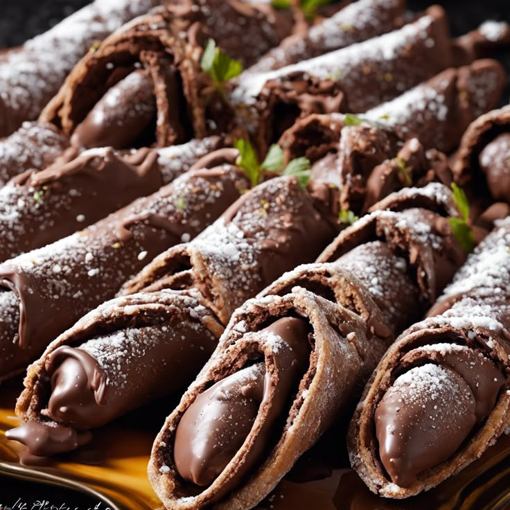 chocolate pastries are arranged on a platter with sprigs and powdered sugar