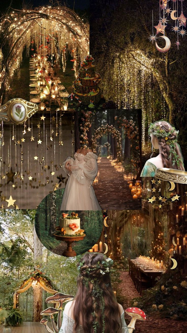 a collage of photos with fairy lights and stars in the night sky above them