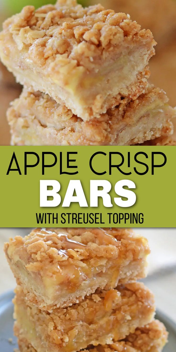 Squares of apple crisp bars with a streusel topping with Pinterest overlay. Apple Pie Millionaire Bars, Apple Strudel Bars Recipe, Apple Crisp Cookie Bars, Taste Of Home Apple Bars, Recipe To Use Up Apples, Apple Crisp With Shortbread Crust, Apple Crisp Stuffed Baked Apples, Apple Crisp Recipe With Bottom Crust, Apple Crisp With Streusel Topping