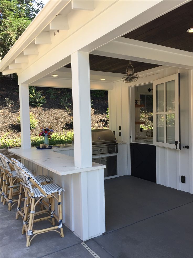 an outdoor kitchen and dining area is shown