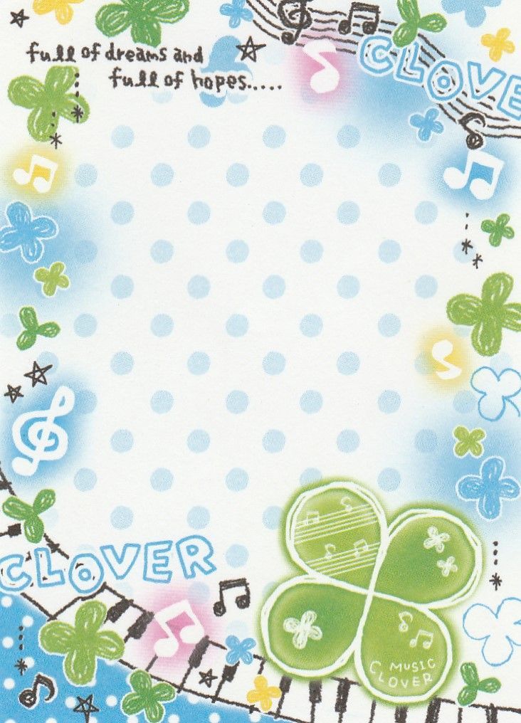 a card with clovers and music notes on it