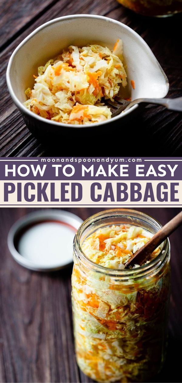 two pictures showing how to make easy pickled cabbage