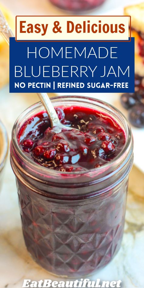 homemade blueberry jam in a glass jar with a spoon on the side and text overlay reading easy & delicious homemade blueberry jam no pectin pale aip