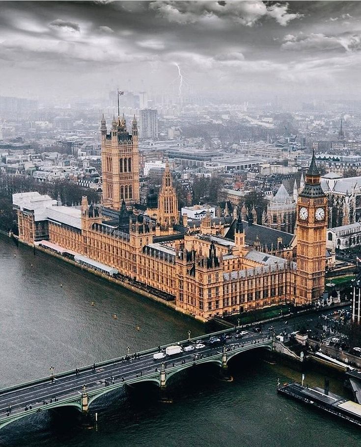 an aerial view of big ben and the houses of parliament in london on a cloudy day