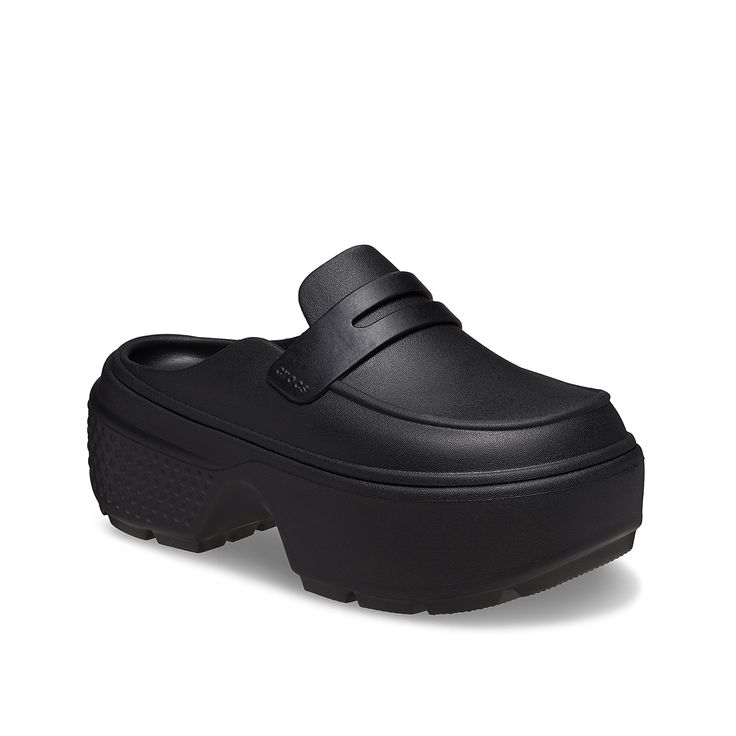 Crocs-Stomp Platform Loafer Bring out your bold side, even on casual days, in the Crocs Stomp loafer. This penny loafer-inspired pair sits atop a chunky platform and heel that heighten the mood, while the Croslite™ foam design provides a cushy, supportive base. Black Synthetic Platform Loafers With Lug Sole, Black Flat Platform Crocs, Crocs Loafers, Black Synthetic Platform Loafers, Black Slip-on Platform Loafers With Branded Insole, Black Crocs, Black Lace-up Platform Loafers With Rubber Sole, Loafers Outfit, Black Loafers