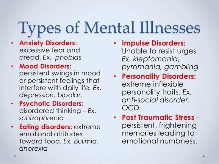 three types of mental illnessess are shown in red, white and blue text on a gray background