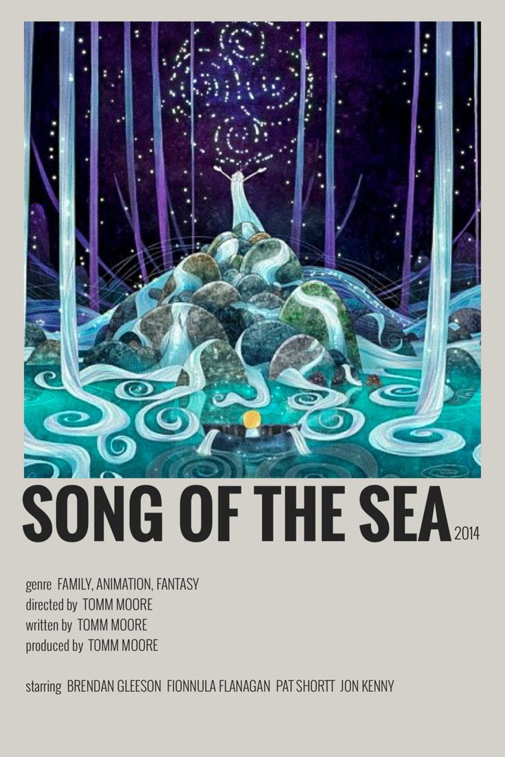 a poster for the song of the sea, with an image of rocks and water