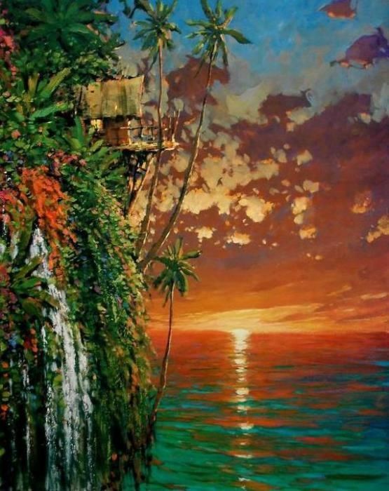 an oil painting of a sunset over the ocean with palm trees and flowers on it