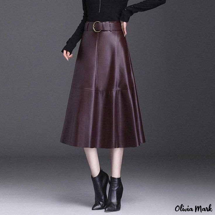 Olivia Mark - Stylish Leather Skirt with Belted Metal Clasp and Paneled Knee-length Umbrella Skirt Long Leather Skirt, Floral Print Midi Skirt, Umbrella Skirt, Leather Midi Skirt, Chic Leather, Printed Midi Skirt, Skirt Midi, Skirt Belt, Patchwork Designs