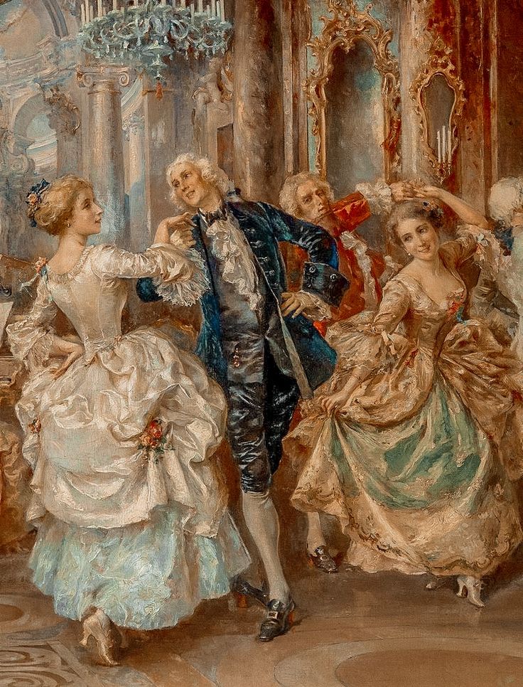 a painting of a man and woman dancing in an old - fashioned ballgown