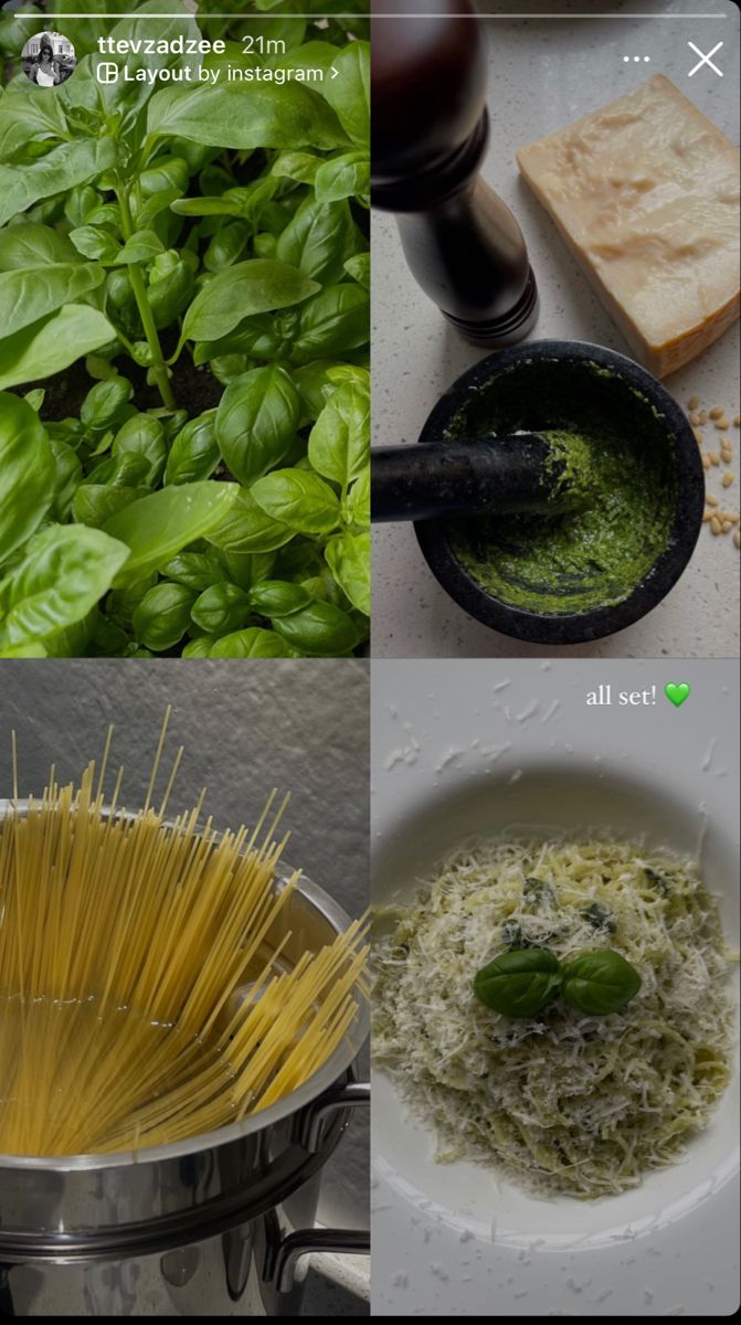 four different pictures with pasta, basil and cheese in the bottom right hand corner is an image of spinach sprouts