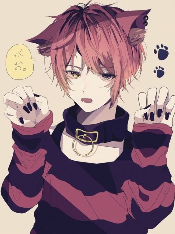 an anime character with pink hair and cat ears, holding her hands up to the side