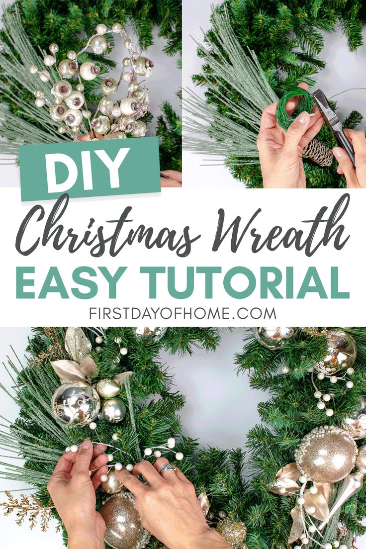 someone is making a christmas wreath out of fake fir branches and ornaments, with the words diy christmas wreath easy to make