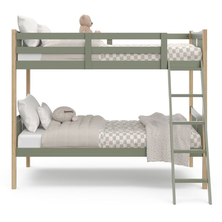 a green bunk bed with white sheets and checkered pillows on the bottom, next to a teddy bear