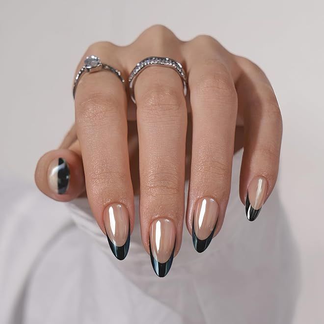 Amazon.com: BTArtbox: PRESS ON NAILS Chrome Nails With Black French Tip, Nail Into Almond, Emo French Tip Nails, Chrome Dark Nails, Black French Chrome Nails, Black Chrome Nails French Tip, Almond Nails Black Design, Black Chrome Nails Almond, Nail Black Design