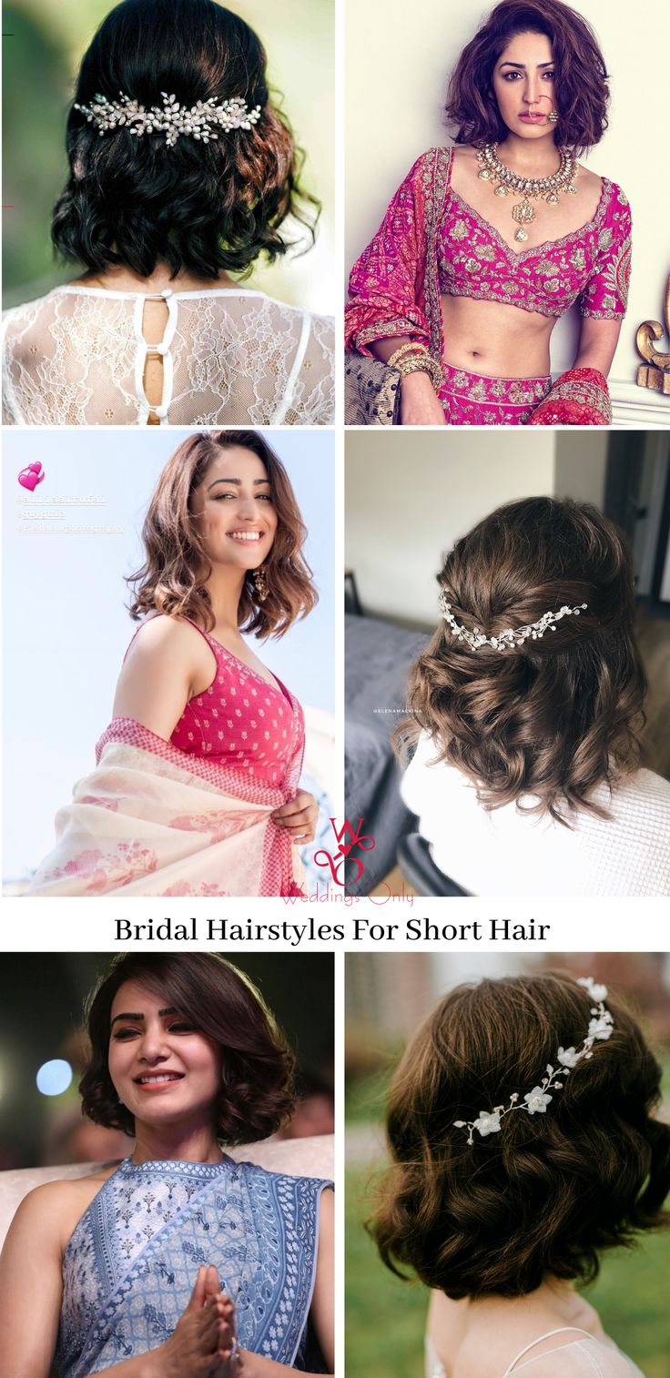 Unique bridal hairstyle ideas for short hair that are trending this wedding season in 2020. Short hair hairstyle for bridesmaid and Indian brides. #shorthairhairstyle #bridalhairstyleideas #bridalinspiration #indianwedding #indianbride #bridaloutfit #hairstyle #weddinghairstyle #weddingideas #uniquebridalhairinspiration #bridalhairandmakeup #hairstyleideas#bridesmaidshairstyleideas #bridalhair #bridalbun #hairstylesforlonghair #braids #curls #haircuts #trendyhaircuts #shorthairhaircuts Hairdo For Short Hair Wedding Indian, Hairstyle On Gown For Short Hair, Short Hairstyles On Indian Wear, Gown Hairstyle For Short Hair, Short Hairstyle With Lehenga, Short Hair In Indian Outfit, Bride Hairstyles For Short Hair Curls, Short Hairstyles For Wedding Indian, Short Hairstyle For Engagement Bride